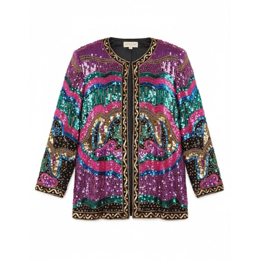 Jakelin Designs Silk Sequin Beaded Jacket Purple Teal Gold Wavy Pattern 3X India